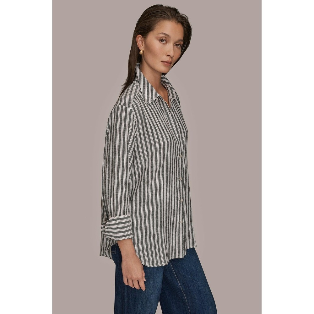 Donna Karan Weekend Striped Linen-Blend Shirt L Coastal Preppy Travel Breathable - Picture 11 of 16